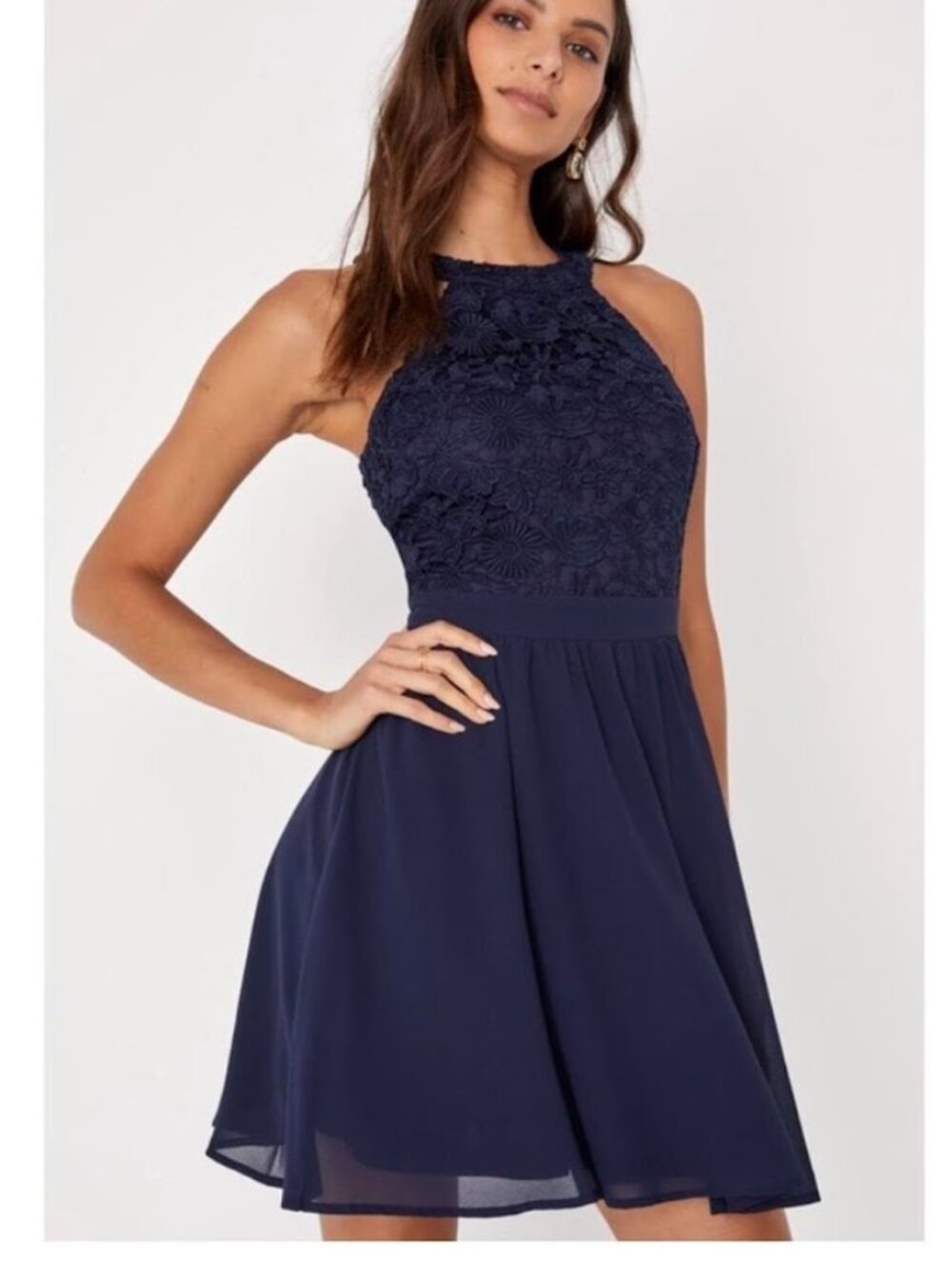 NWT Lulus "Lover's Game" Navy Blue Lace Skater Mini Dress M